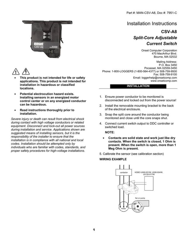CSV-A8 Split-Core Adjustable Current Switch Installation Instructions