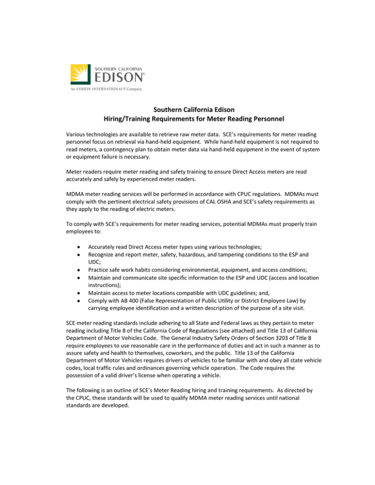 SCE Hiring/Training Requirements for Meter Reading Personnel