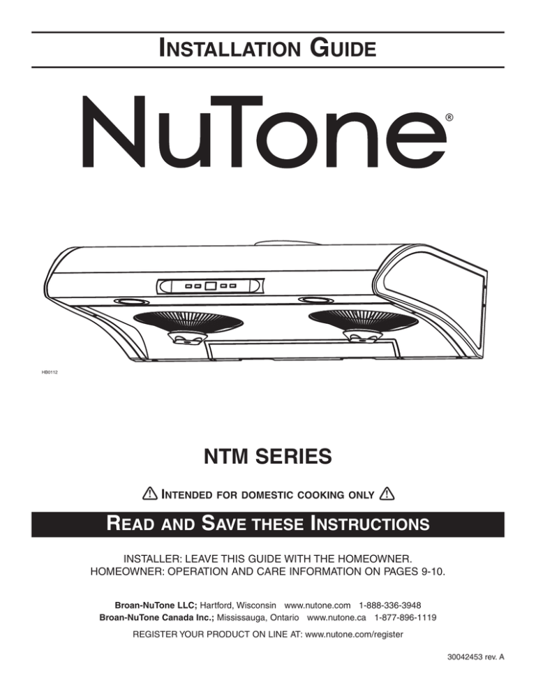 NuTone NTM Series range hood Installation Guide