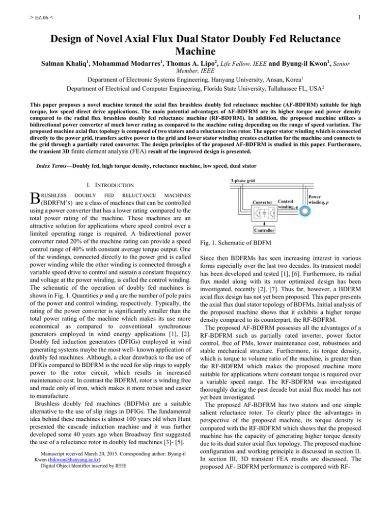 Design of Novel Axial Flux Dual Stator Doubly Fed Reluctance