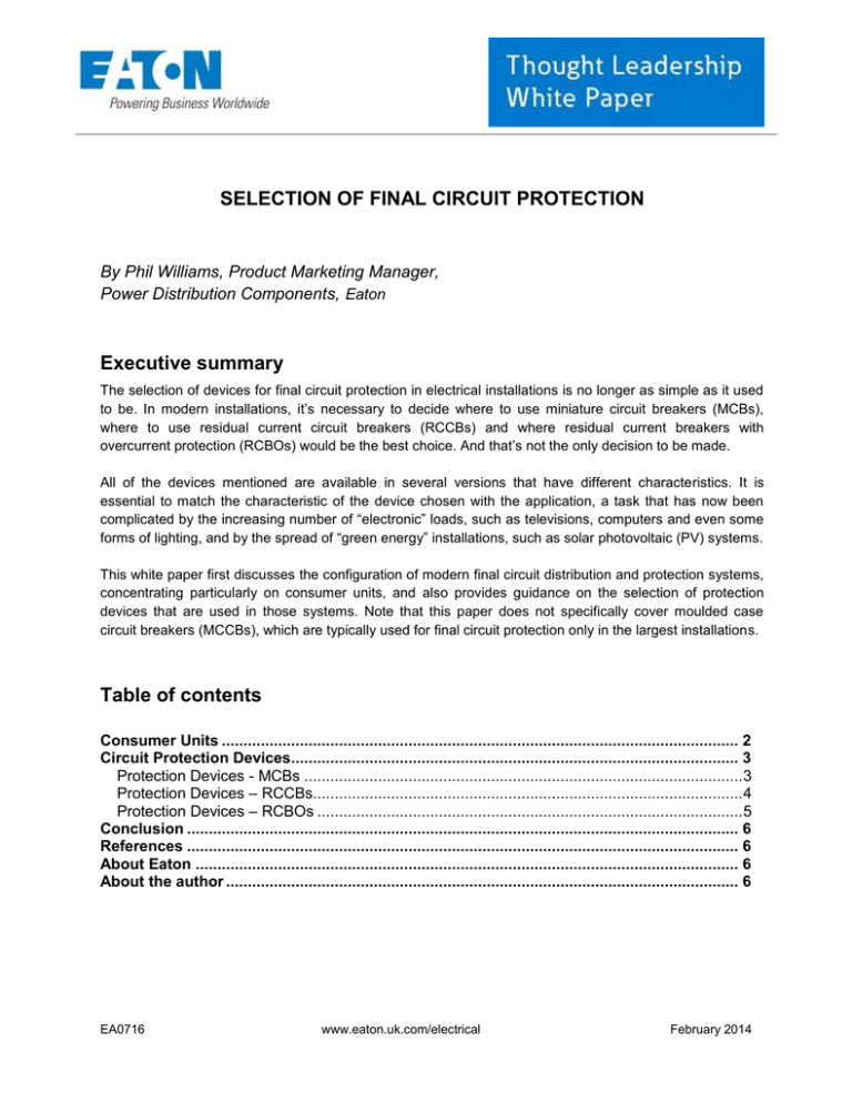 Selection of Final Circuit Protection