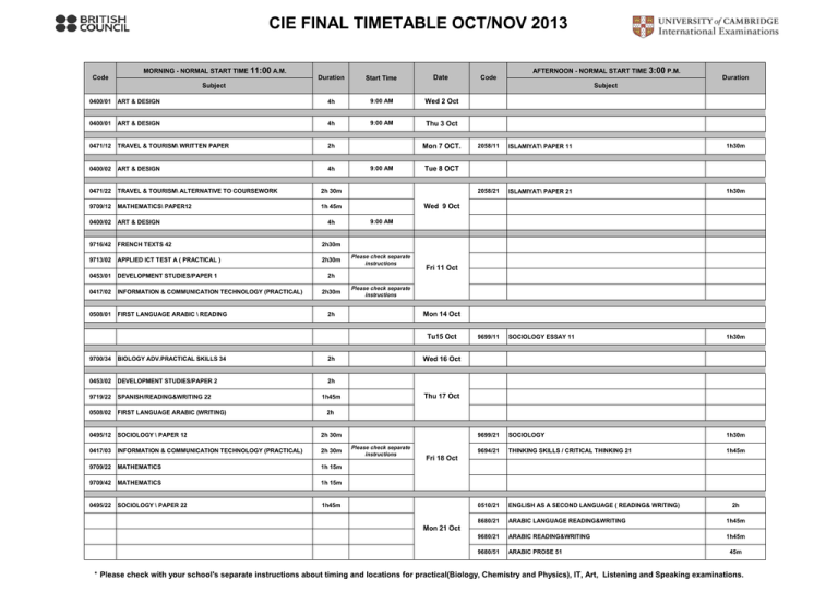 cie final timetable oct/nov 2013