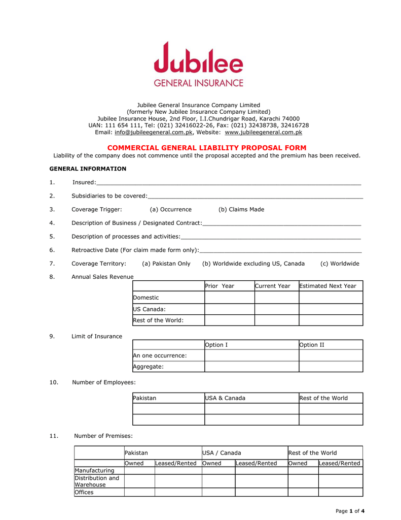 Commercial General Liability Proposal Form