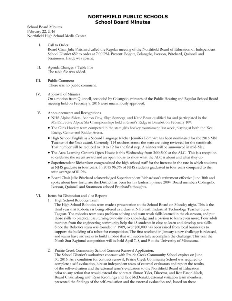 Minutes Northfield Public Schools
