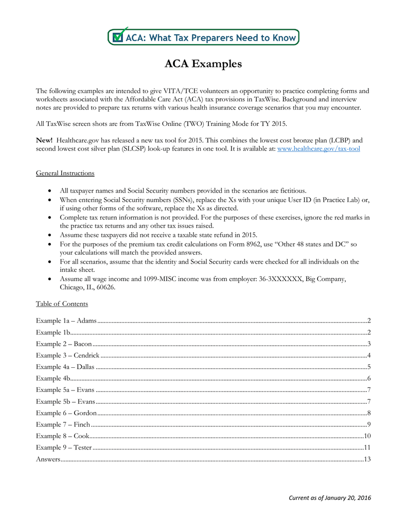 ACA Examples - Beyond the Basics Intended For Affordable Care Act Worksheet