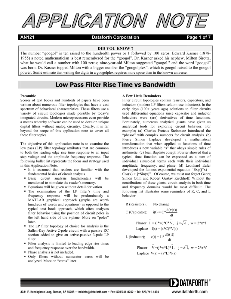 Low Pass Filter Rise Time vs Bandwidth