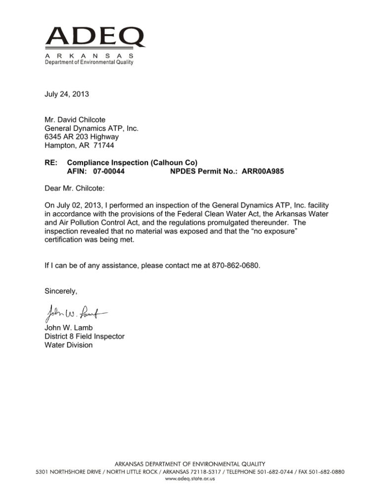 Compliance Inspection Arkansas Department Of Environmental Compliance Inspection Arkansas Department Of Environmental
