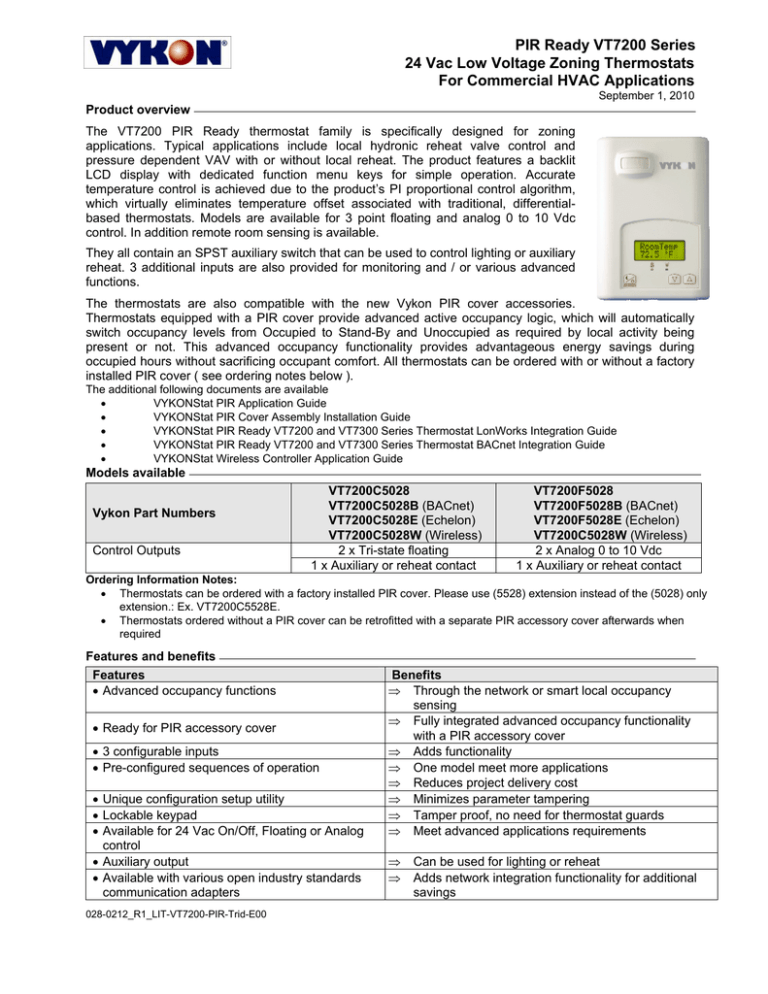 VYKONStat PIR Ready VT7200 Series Thermostat Installation Guide