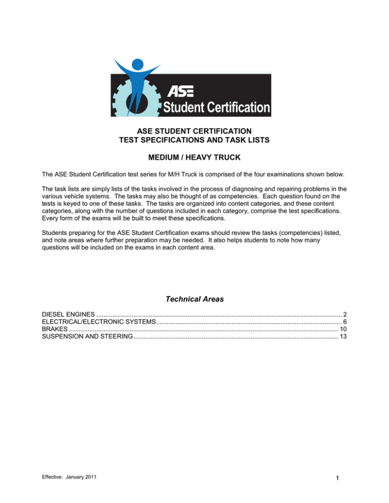 Truck Task List ASE Student Certification