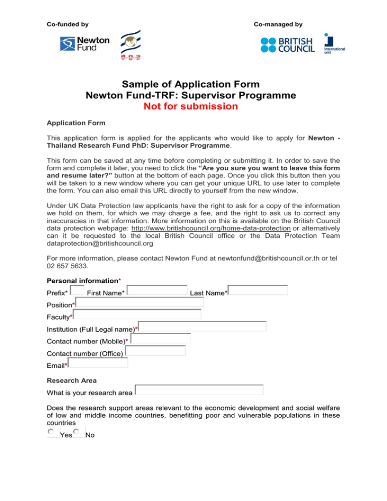 Sample of Application Form Newton FundTRF