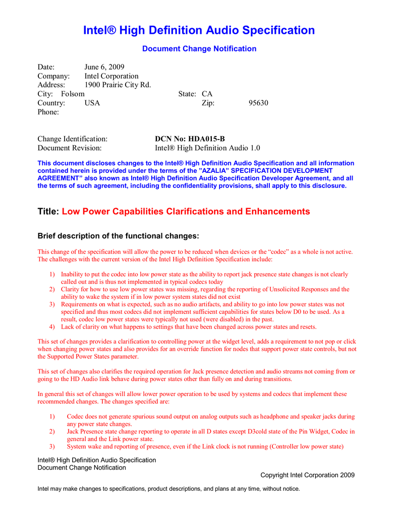 Intel High Definition Audio Specification Hda015