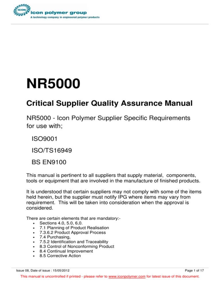 NR5000 Critical Supplier Quality Assurance Manual