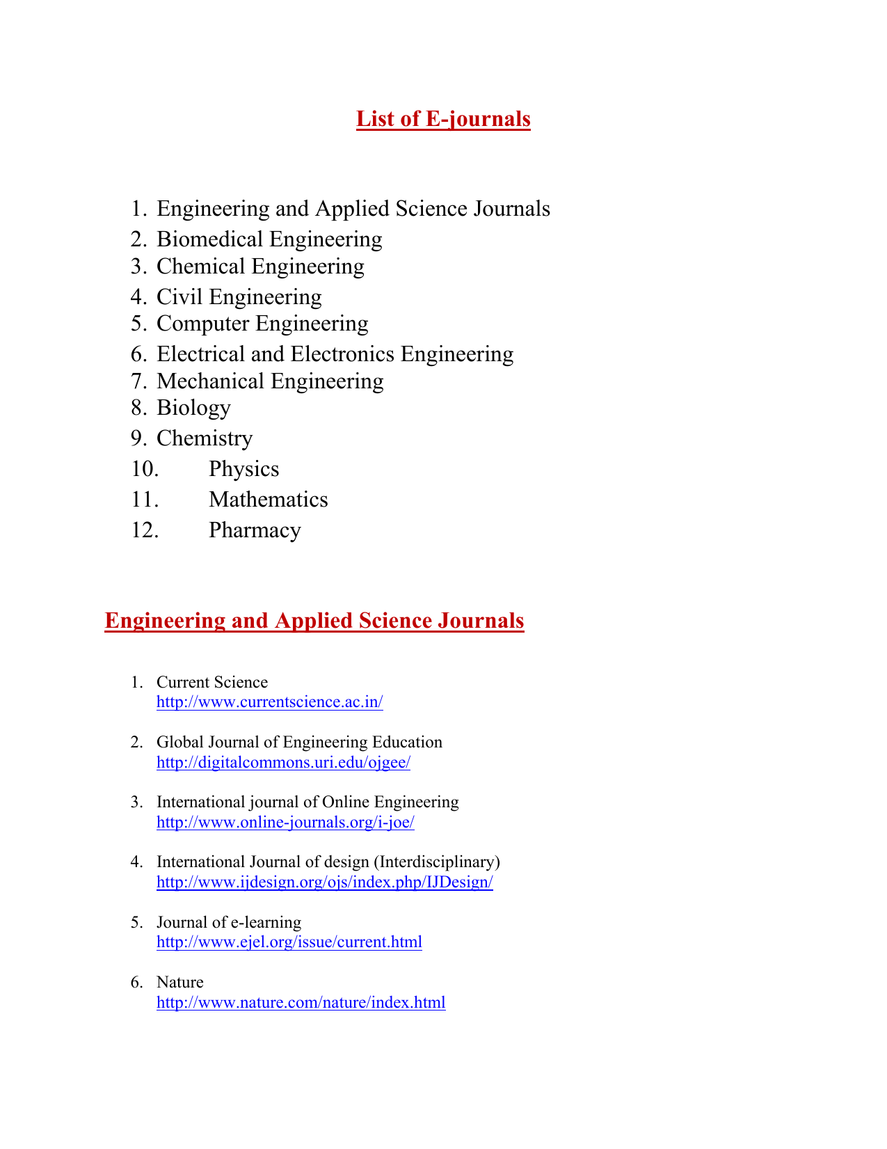 List of E-journals 1. and Applied Science Journals 2
