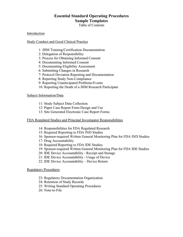 Standard Operating Procedures Manual For Human Subjects Research