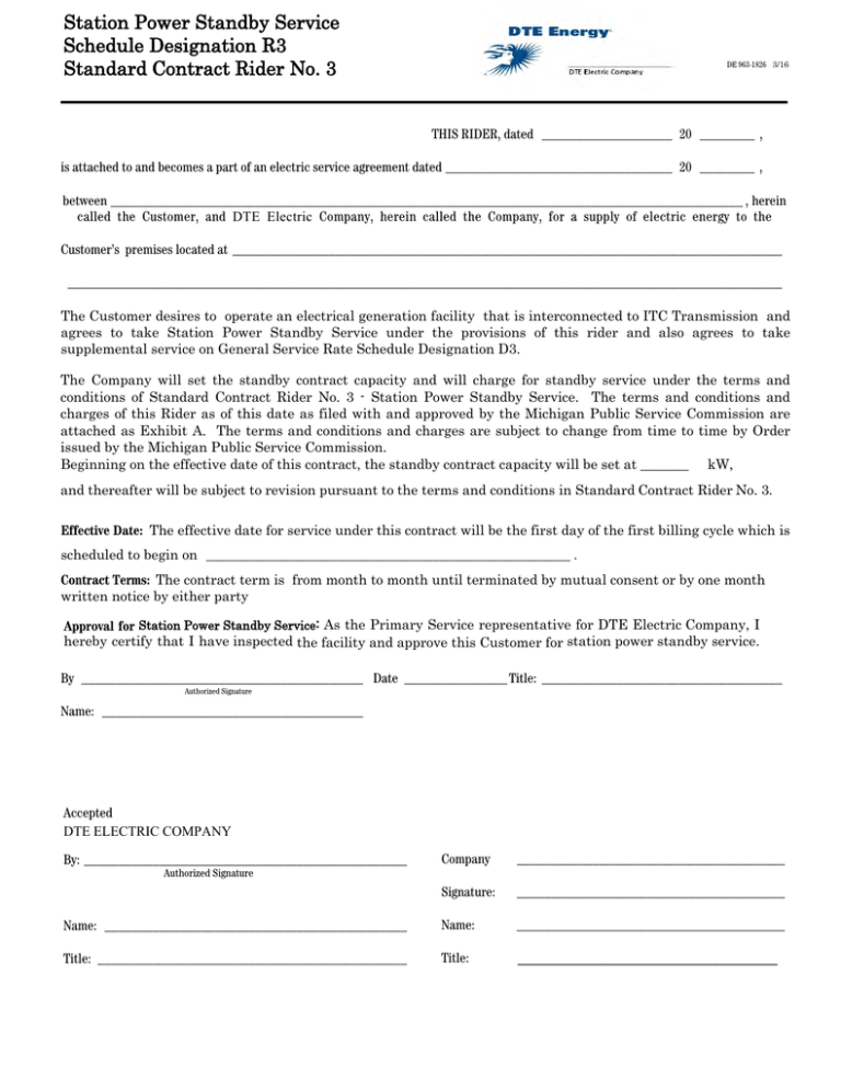 Standard Contract Rider No. 3 Station Standby Power