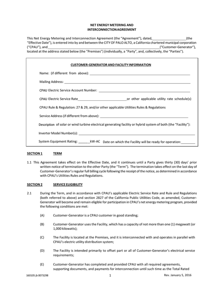 Net Metering and Interconnection Agreement