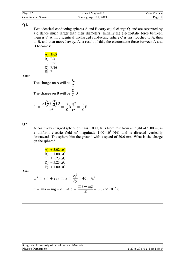 Q1 Two Identical Conducting Spheres A And B Carry Equal Charge Q