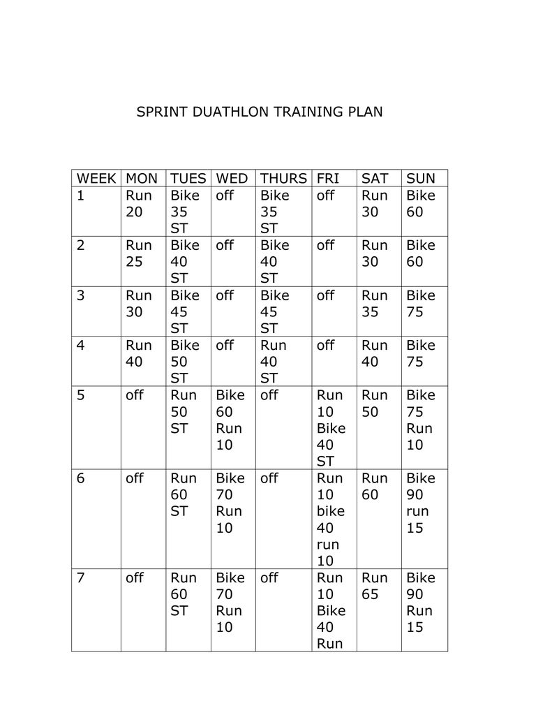 SPRINT DUATHLON TRAINING PLAN WEEK MON TUES WED