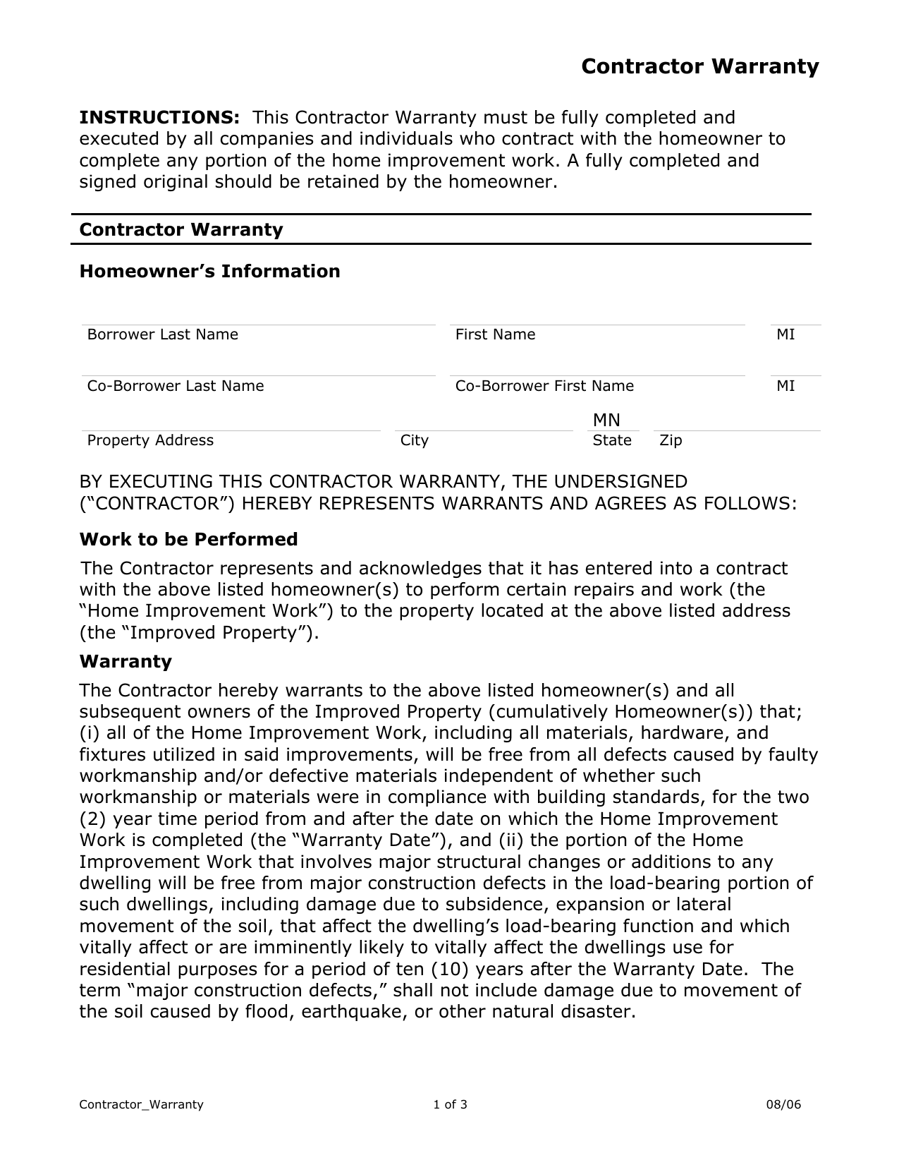 Construction Warranty Template 9582