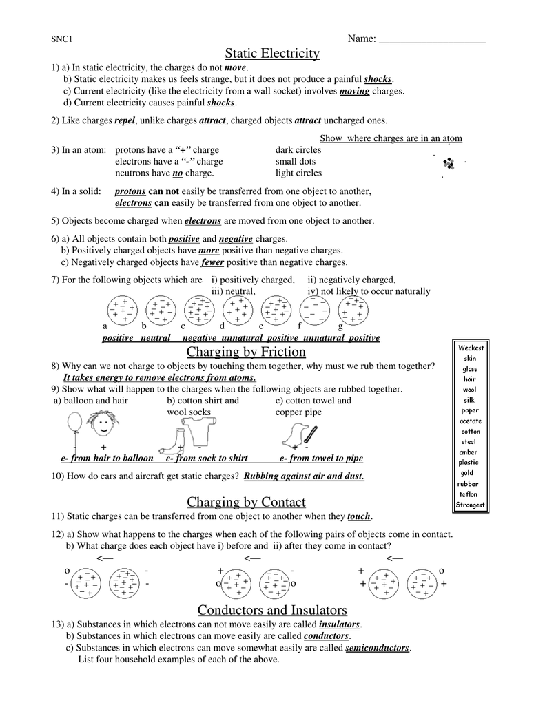 Static Electricity Worksheet Answers