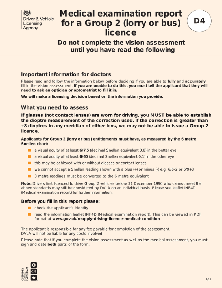 D4 Medical Examiner Report For A Lorry Or Bus Driving Licence