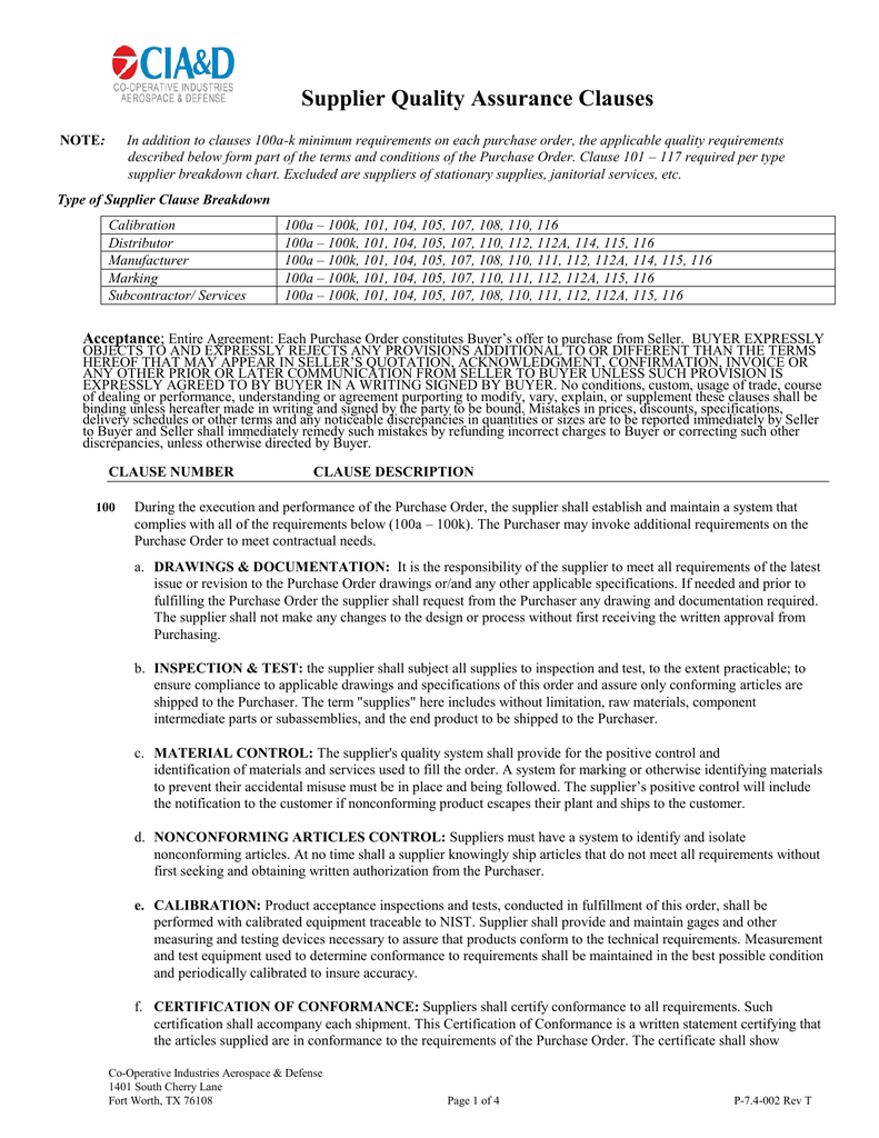 Supplier Quality Assurance Clauses Co
