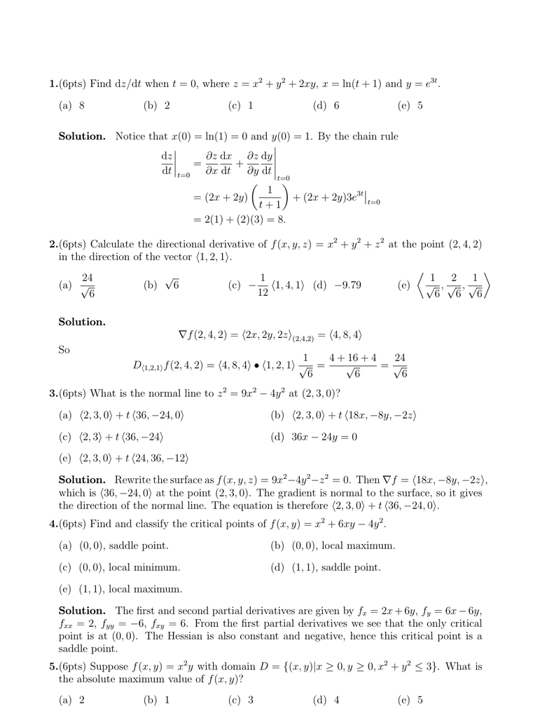 1 6pts Find Dz Dt When T 0 Where Z X 2 Y2 2xy X Ln T 1