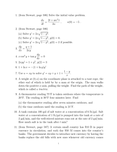 1. (from Stewart, page 586) Solve the initial value problem. du dt = 2t