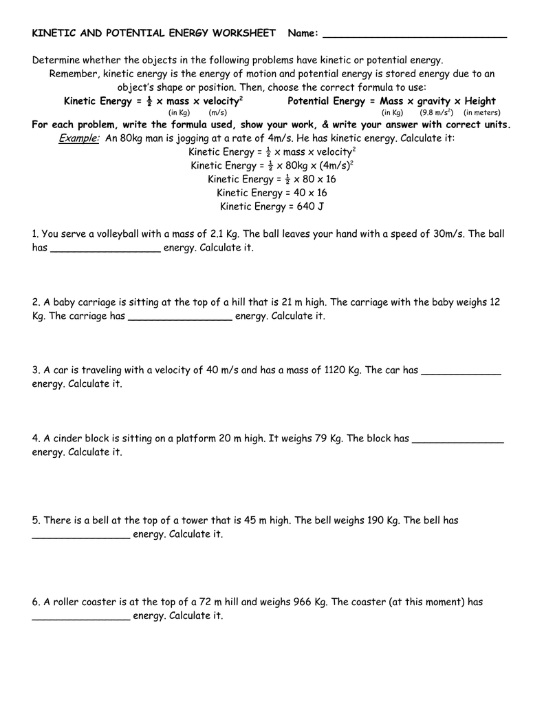 KINETIC AND POTENTIAL ENERGY WORKSHEET Name Intended For Potential And Kinetic Energy Worksheet