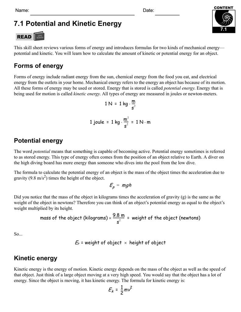 221.21 Potential and Kinetic Energy Within Energy Transformation Worksheet Answer Key