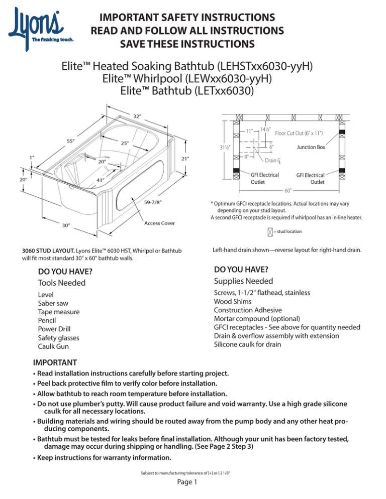 Important Safety Instructions Read And, Lyons Tub Surround Installation Instructions