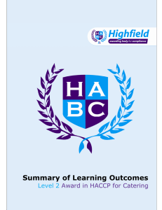 Summary of Learning Outcomes Level 2 HACCP for Catering