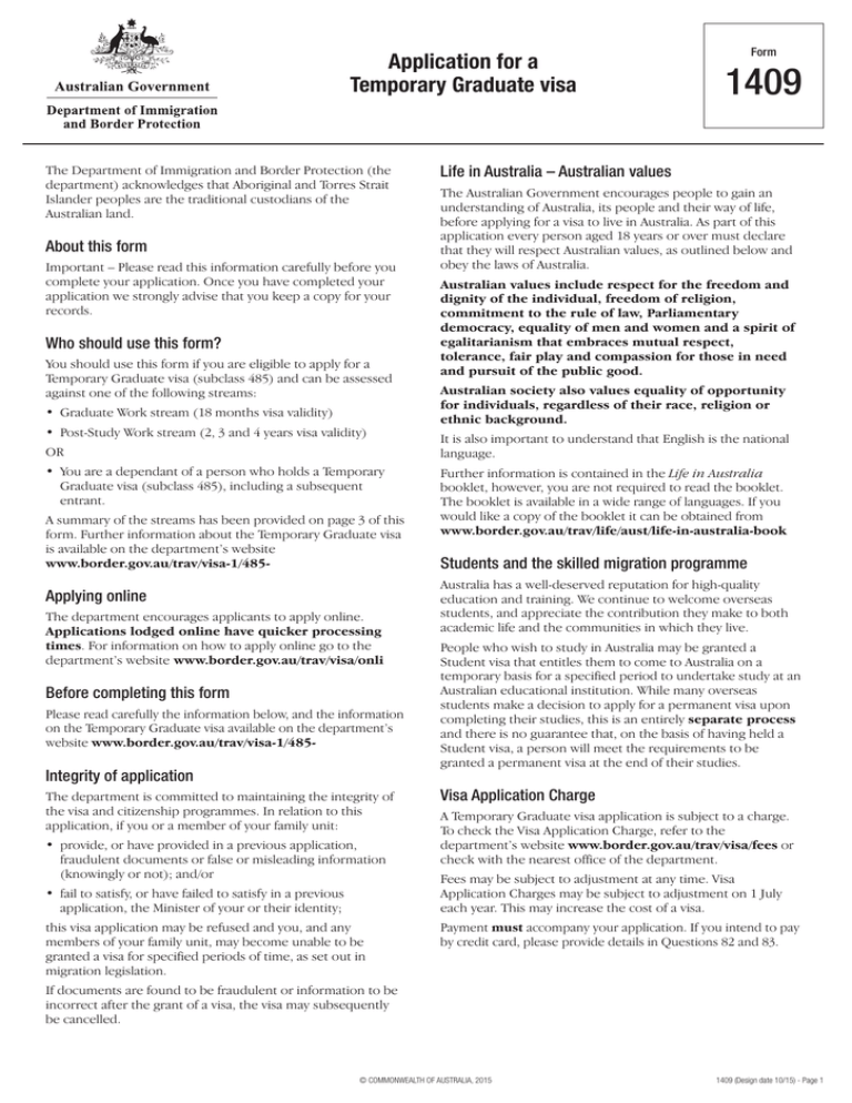 Form 1409 Application For A Temporary Graduate Visa