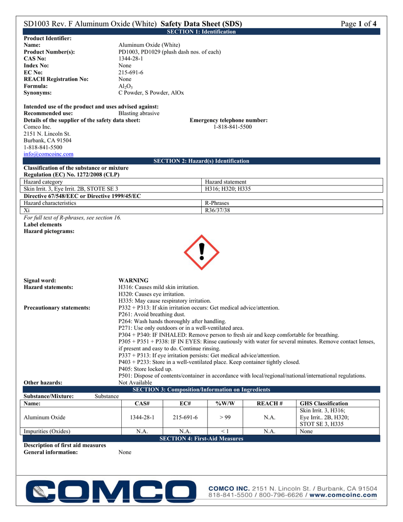 Sd1003 Rev F Aluminum Oxide White Safety Data Sheet Sds