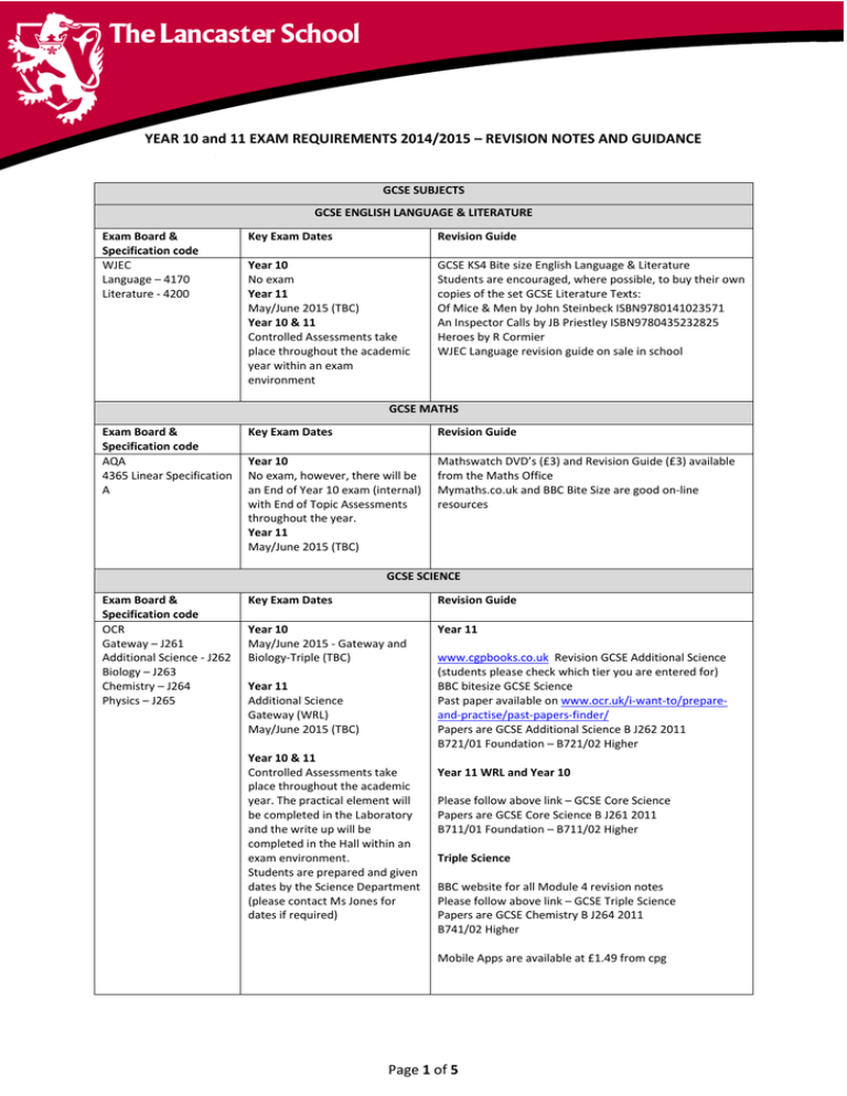 Year 10 And 11 Exam Requirements 2014 2015 Revision