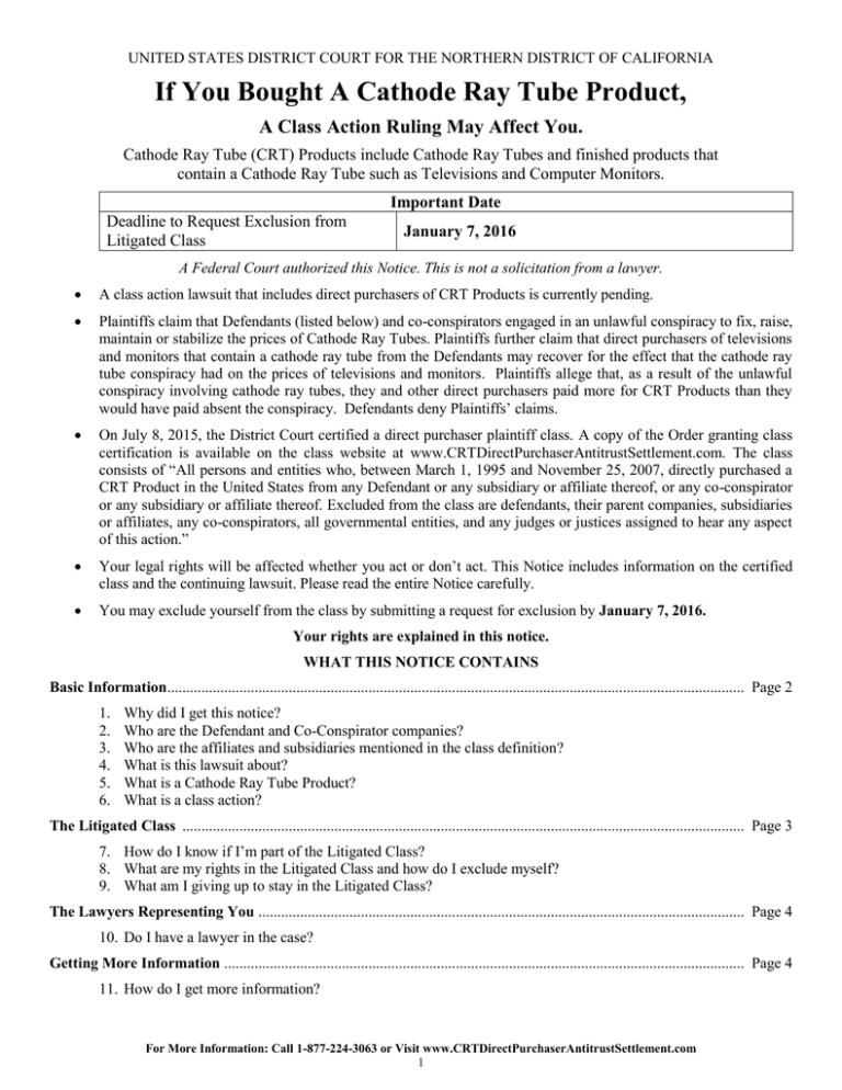 Litigated Class Notice - Cathode Ray Tube Antitrust Litigation