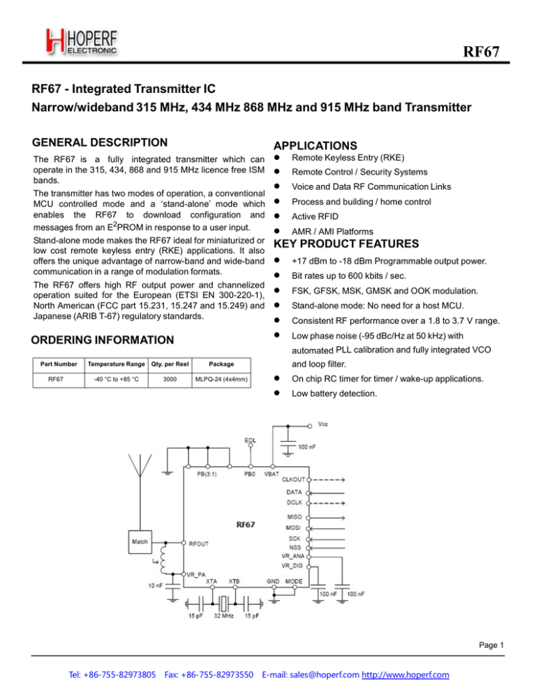 DATASHEET RF67 - Integrated Transmitter IC Narrow/wideband