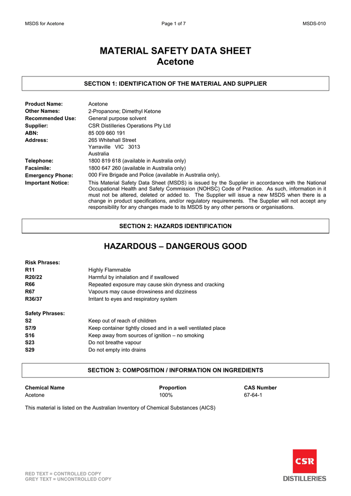 Acetone MSDS Sheet