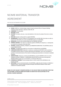 NCIMB MATERIAL TRANSFER AGREEMENT