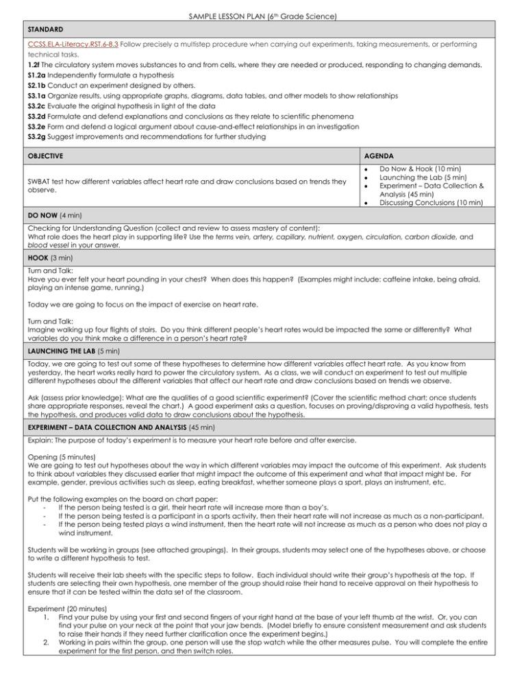 SAMPLE LESSON PLAN 6th Grade Science STANDARD CCSS