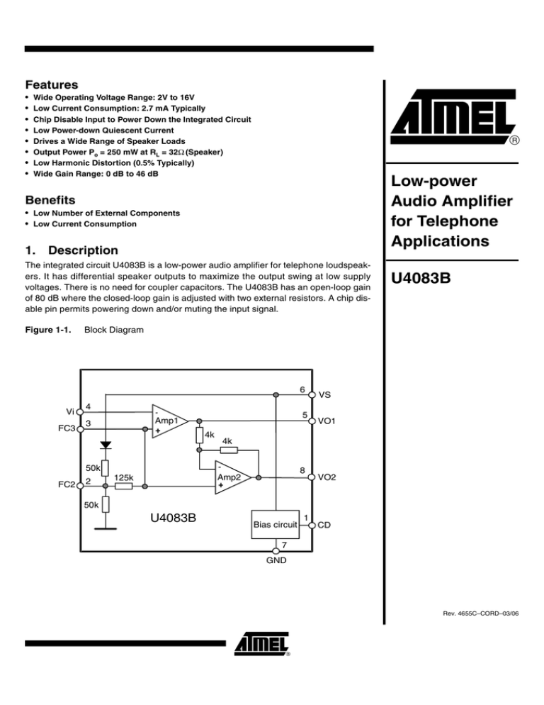 Lowpower Audio Amplifier for Telephone Applications U4083B