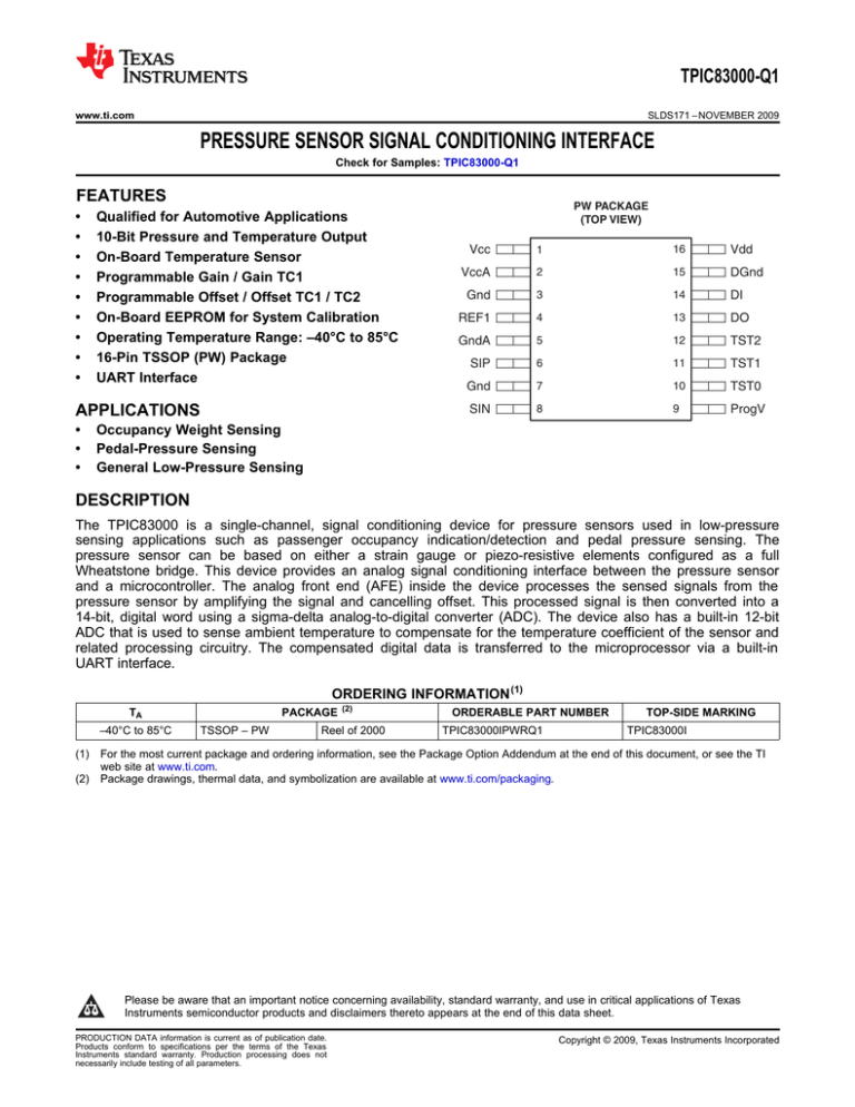 TPIC83000-Q1 Pressure Sensor Signal Conditioning Interface