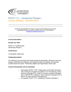 PHYS 1111 – Introductory Physics I Course Syllabus