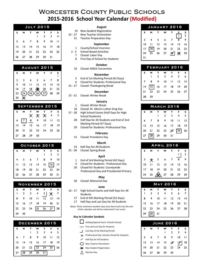 20152016 Worcester County School Calendar