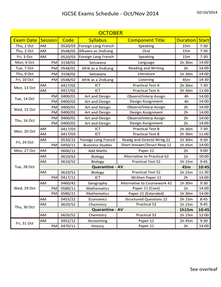 IGCSE Exams Schedule - Oct/Nov 2014 - Maru-a