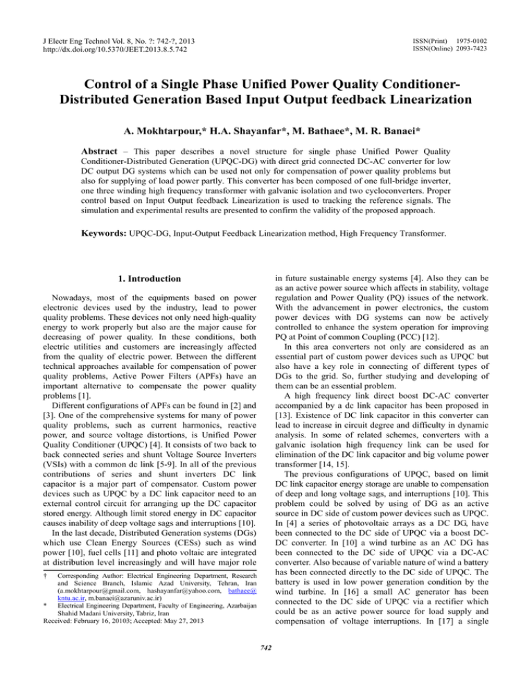 Control of a Single Phase Unified Power Quality Conditioner