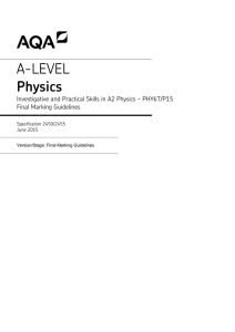 A-level Physics Mark scheme Unit 06T - (P15) ISA June 2015