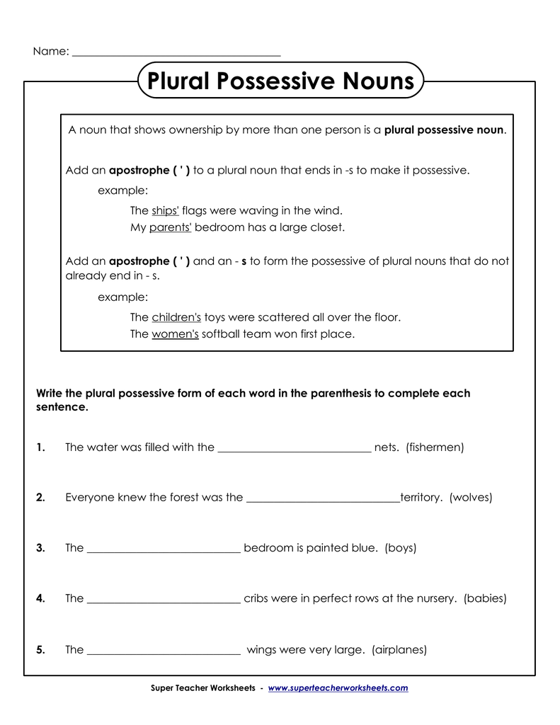 Plural Possessive Nouns Intended For Singular Possessive Nouns Worksheet