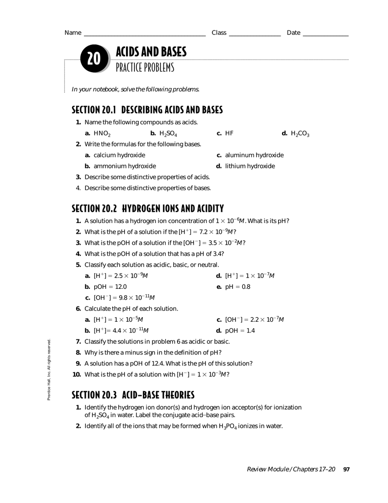 20 Acids And Bases Practice Problems