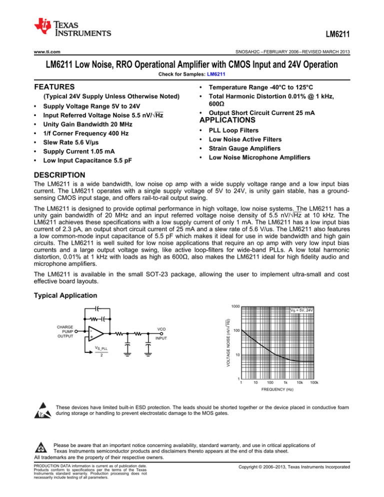 LM6211 Low Noise, RRO Operational Amplifier with CMOS Input